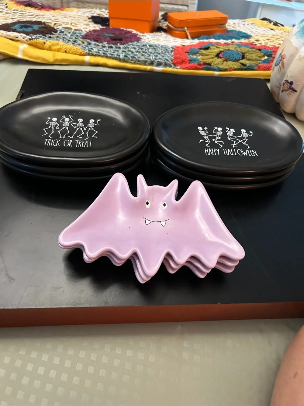 Rae Dunn Pink Bat Soon Rest or candy Holders with 6 Black Halloween Snack Plates